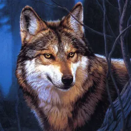 A grey and tan wolf looking straight ahead through dark blue branches